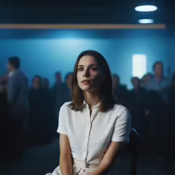 a woman sits on a chair with a crowd in the background