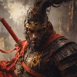 an evil looking man holding a red sword
