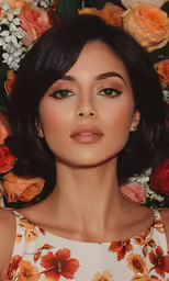 a woman posing for the camera in front of flowers