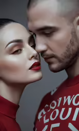 man and woman, close - up, with one woman holding the mans nose