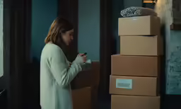 woman leaning on the side of the wall with boxes and an owl sitting on top