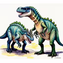 two dinosaurs one is eating another dinosaur