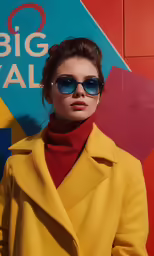 a woman in a yellow coat and sunglasses