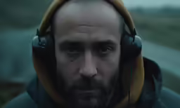a man wearing headphones looks into the camera