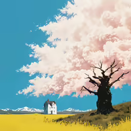 the sky is full of pink clouds as a house sits in a grassy field