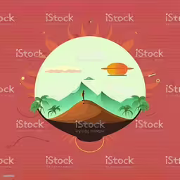 an island with mountains and palm trees in a pink background,the sun is in the distance behind a hill with palm trees on it