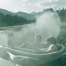 people enjoying a spa day in a tub by the water