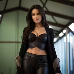 a woman in black leather wearing fur gloves