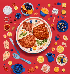 a bowl of meat and fruit on top of a table,the plate is sitting on the table surrounded by food