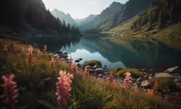 a mountain lake surrounded by grass and trees