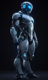 a futuristic robot suit with blue glowing eyes