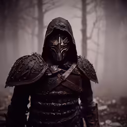 a man wearing armor with the hood covered by chains