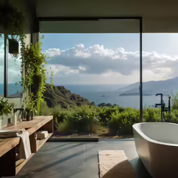 this bathroom is overlooking the ocean with a view