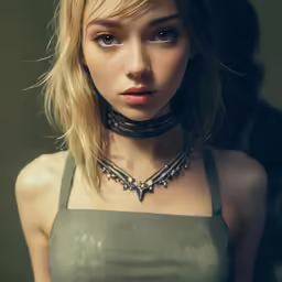 a beautiful woman wearing a green top and black choke necklace
