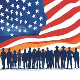 silhouettes of men standing next to an american flag
