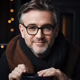 a man wearing glasses is holding a bowl