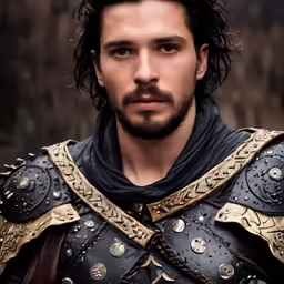 a man with long hair wearing an armor