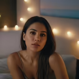 a young woman sitting on a bed in front of some lights