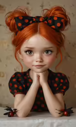 a red haired girl with black and orange polka dot dress