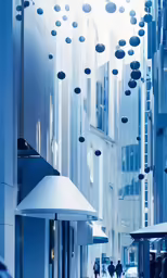 a large building with some lights hanging from it