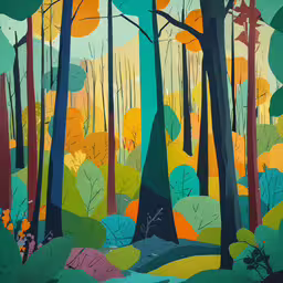a painting of trees and bushes with blue and yellow,a painting of trees and bushes in a forest