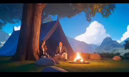some people sitting by a campfire under a tent