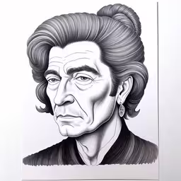 a portrait is shown with the name of president ronald reagan,a drawing of a man with an evil look on his face,an illustration of the character of charlie from tv series star trek,a man in black shirt standing in front of a white wall,a drawing of john frissel on paper