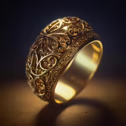 gold ring with intricate design sitting on the table