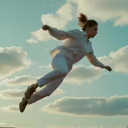 the woman is jumping up and down in the air