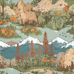 a painting of a mountain range with orange trees