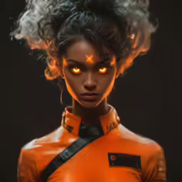 a woman in a uniform and orange eye makeup