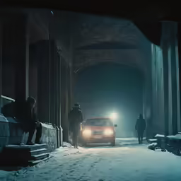 a red car is stopped at an entrance in the snow