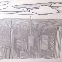 a drawing in pencil of a cityscape,an image of a city in pencil