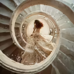 a woman walks down a spiral staircase to the destination