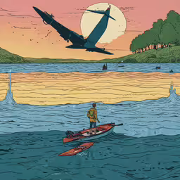 the lone man is in a boat watching an aircraft land,an airplane flying over a boat floating on water