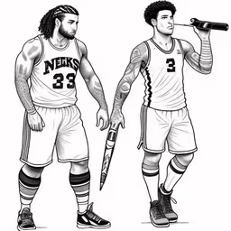 two basketball players with different uniforms,an illustration of two basketball players holding guns,a couple of men standing next to each other in front of a microphone,the two basketball players are both holding their arms open,the new uniforms for basketball players in their old uniform