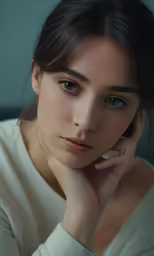 a girl sitting in the blue room holding her hand up to her face
