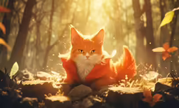 a cat sits in the woods under fall leaves