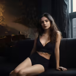 an attractive woman sitting on top of a couch