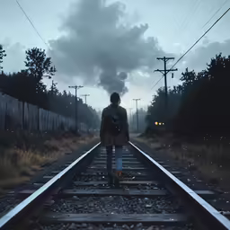a man walking down a track towards an overhead smokestack