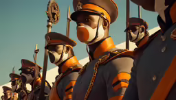 group of soldiers in orange and gray uniforms standing next to each other