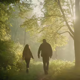 two people walking along a forest trail