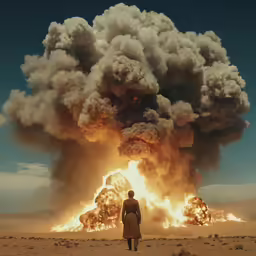 there is a person walking through the desert by fire