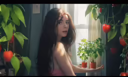 woman with long hair looking out the window near tomatoes