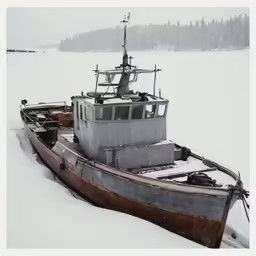 a rusty ship sitting in the snow next to some trees