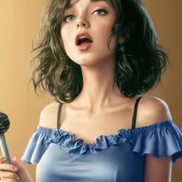 a woman in a blue top holding a hairbrush