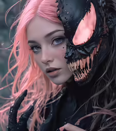 a girl is in black with a skull on her head and pink hair