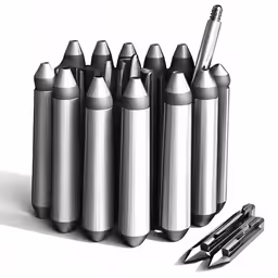 a pencil and pen lined up next to six metal objects