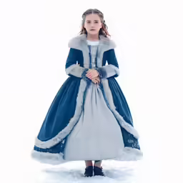 a young girl dressed in an elegant blue dress and fur