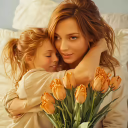 the woman hugs the small girl next to her bouquet